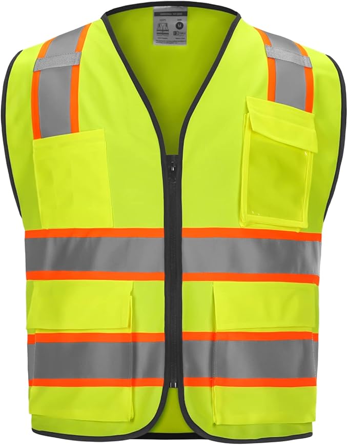 9 Pockets High visibility Class 2 Safety Vest，Hi Vis Vest with 2 inch wide Reflective Strips security vest with Zipper construction work vest for men &women Lime，XL