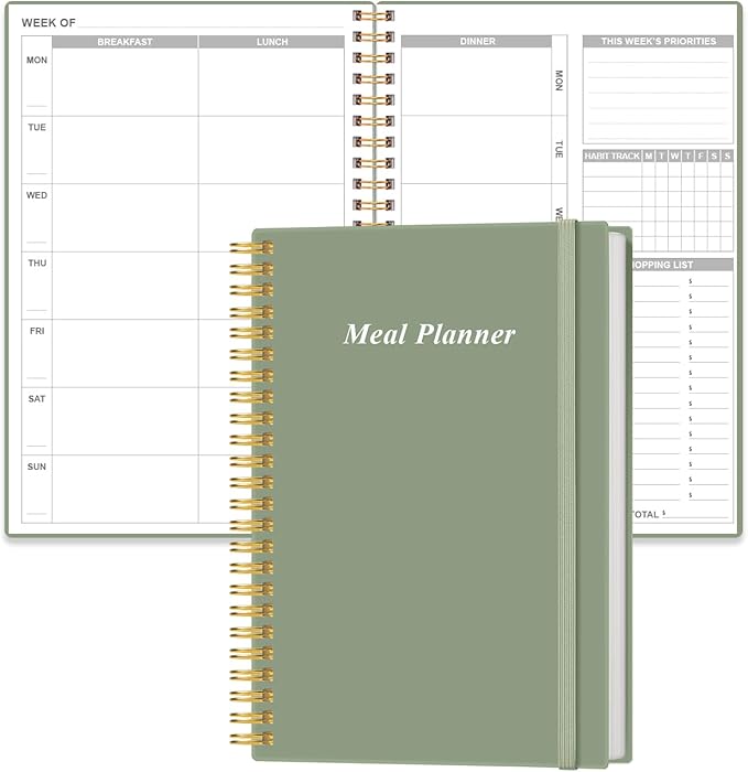 Weekly Meal Planner - A5 Weekly Meal Prep Journal with Shopping and Grocery Lists, 186 Pages Healthy Diet & Weight Loss Tracking, Undated, 52 Weeks, Lasts 1 Year, Green