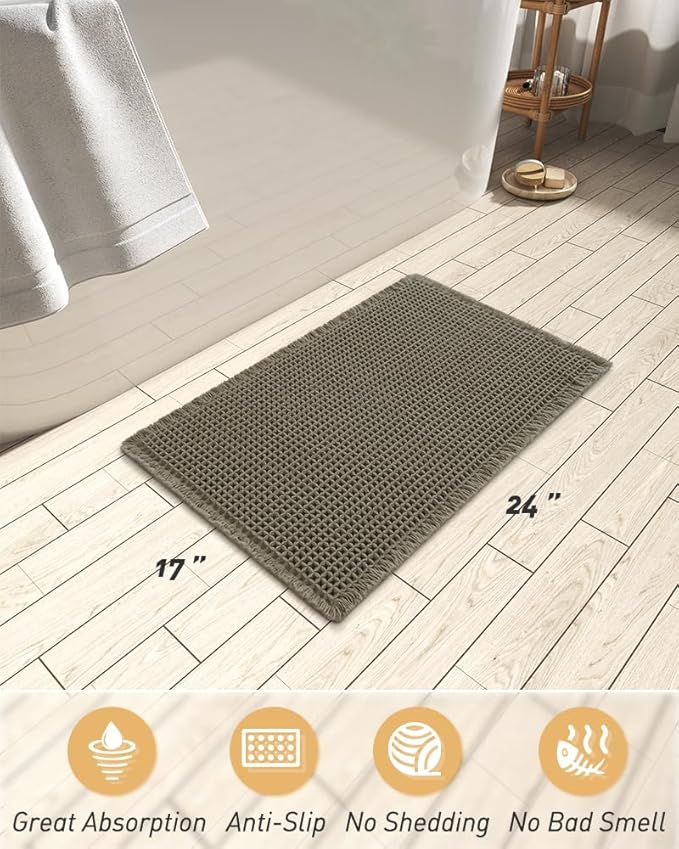 Upgraded Christmas Waffle Bath Mat, Super Absorbent Non Slip Bath Mats for Bathroom Floor, Machine Washable Bathroom Rugs with Tassels, Rubber Backed Bathroom Mats, Ultra Soft, 17" x 24", Dark Green