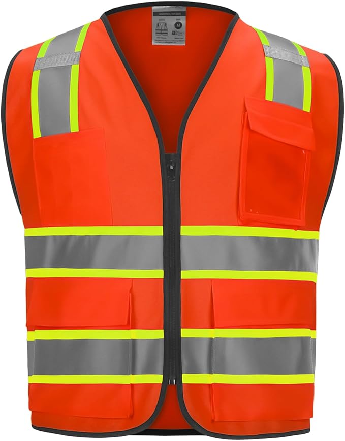 9 Pockets High visibility Class 2 Safety Vest，Hi Vis Vest with 2 inch wide Reflective Strips security vest with Zipper construction work vest for men &women Orange，2XL