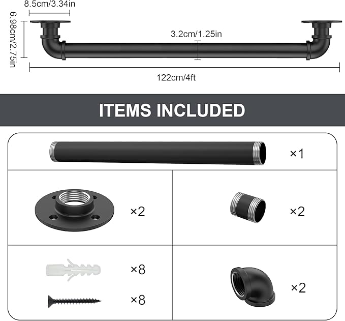 4FT Industrial Stair Railing Wall Mount Staircase Handrail φ1.3 Pipe Hand Rail for Steps Grab Bar Foot Rail Vintage Pipe Railing Black Deck Handrail for Outdoor Indoor Stairs Porch