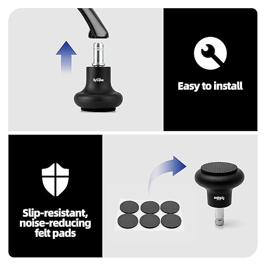 Sytopia Office Chair Bell Glides Replacement, Fixed Feet Wheel Stopper for Swivel Chairs and Stools, 7/16" x 7/8" Stem, Separate Self-Adhesive Felt Pads, Non-Slip Base, Quiet & Easy Install, 5 Pack