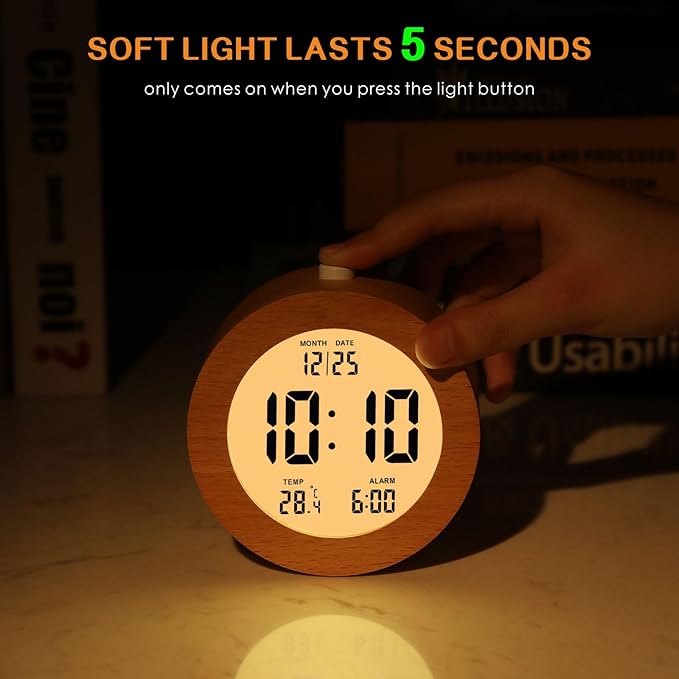 Plumeet Wooden Digital Alarm Clock for Bedrooms, Wood 4'' Battery Powered Alarm Clock with Snooze and Nightlight, Electronic LCD Desk Clock Display Time, Date, Temp, 12/24H, Wood Décor, Round, Brown