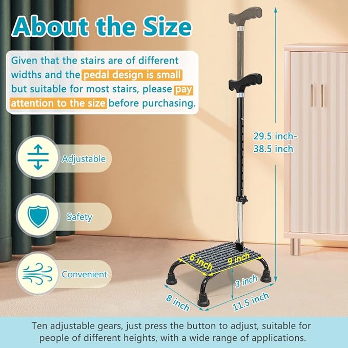 Stair Climbing Cane Half Step Stair Walker Aid Devices Stairway Lift for Elderly Seniors Assist Helper Adjustable 4 Pronged Quad Base Balance Stability Walking Sticks