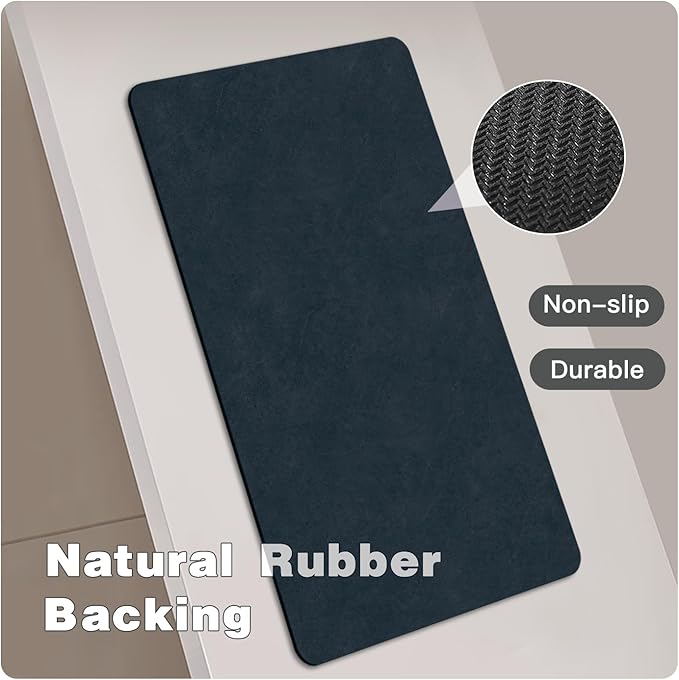 Bathroom Mat Quick Dry, Bathroom Rugs Non Slip Washable Thin Absorbent Bath Mat Fits Under Door Bathroom Floor Mat Perfect for Bath, Shower, or Sink 17"x59" Navy Blue