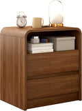 Walnut Nightstand with Charging Station, 21 Inch Wide Night Stand with Deep Drawers, Modern Bedroom Bedside End Table with Rounded Corners Anti-Collision Design for Dorm, Sofa, Office