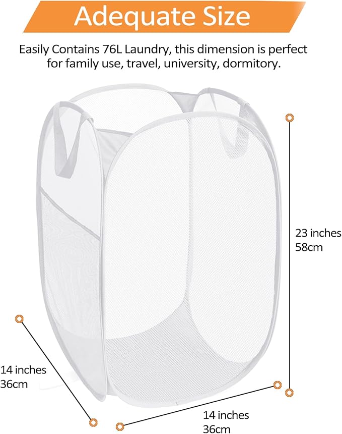 2 Pcs Durable Collapsible Laundry Baskets - Reinforced Mesh Pop Up Laundry Hamper with Pocket, Foldable Dirty Clothes Hamper with Carry Handles for Laundry, Bathroom, Kids Room, Dorm or Travel White