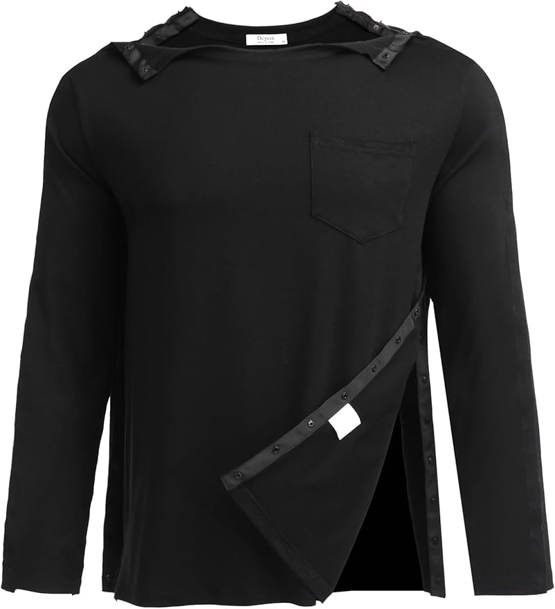 Deyeek Men's Post Shoulder Surgery Recovery Shirts Full Tear Away Long Sleeve Snap Chemo Port Access Shirt