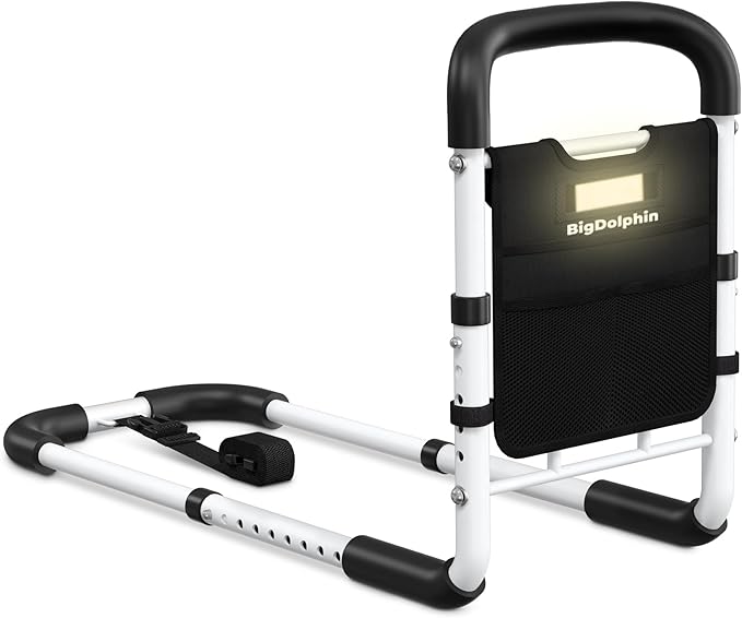 Bed Rails for Elderly Adults ASTM Approved, Adjustable Bed Cane with Motion Sensor Light, Non-Slip Grip & Storage Pocket, Bed Railings for Seniors Support 350 LBS, Tool-Free