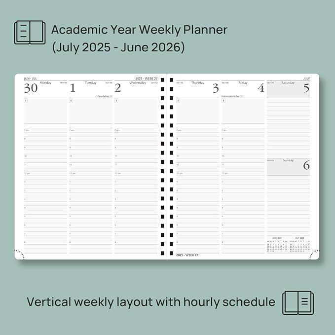 POPRUN Planner 2025-2026 (Large - 8.5'' x 10.5'') Academic Weekly Calendar (July 2025 - June 2026) with Hourly Time Slots, Monthly Tabs, 100GSM Thick Papers, Spiral Leather Cover - Pacific Green