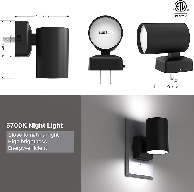 Led Night Light Plug in,Night Lights Plug into Wall Dusk to Dawn Sensor,20lm/40lm Adjustable Brightness,5700k Daylight,Dimmable Night Light for Hallway Bedroom Bathroom 2 Pack ETL-Certified