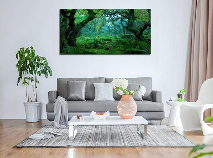 Green Forest Canvas Wall Art Living Room Decoration Big Trees Nature Picture Large Modern Canvas Artwork Contemporary Woods Mossy Rock Spring Season Prints for Kitchen Office Home Decoration 24" x 48"