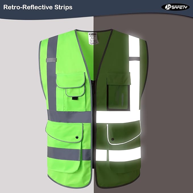 JKSafety 9 Pockets Class 2 High Visibility Zipper Front Safety Vest With Reflective Strips, Meets ANSI/ISEA Standards (150-Green, XX-Large)