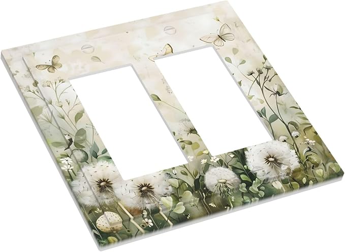 Dandelions Butterflies Watercolor Wildflowers Floral Decorative Outlet Covers 2 Gang Double GFCI Rocker Electrical Wall Panels Light Switch Cover Plate for Bedroom Living Room Decor