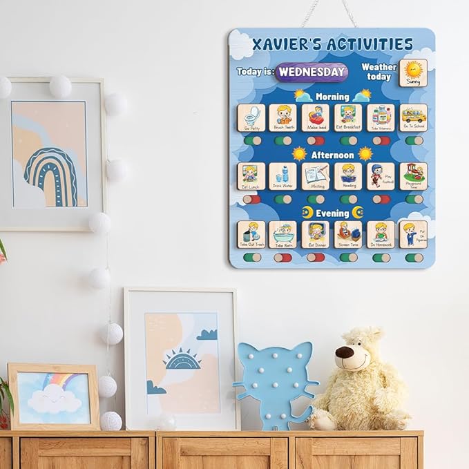 Personalized Wooden Daily Routine Chart 12x14", Visual Schedule, Daily Responsibilities for Kids, Morning Bedtime Routine Chart for Toddlers (11)
