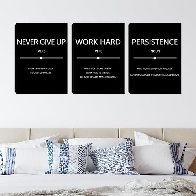 Yetaryy Motivational Quotes Canvas Wall Art - Persistence & Work Hard Themes, 3 Pieces, Black, 20"x28", Office, Gym, Living Room, Bedroom Decor