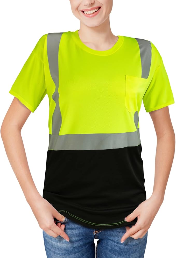 High Visibility Shirts Quick Dry Safety T Shirts with Reflective Strips and Pocket Short Sleeve Mesh Hi Vis Construction Work Class 2 Shirt for Men/Women Black Bottom Lime,4XL
