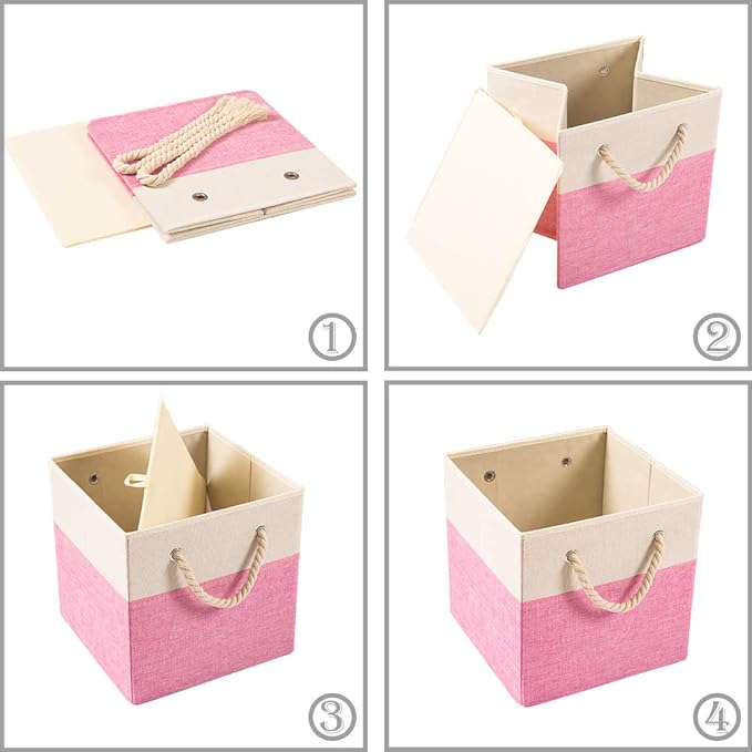 PRANDOM Large Foldable Cube Storage Bins 11x11 inch [2-Pack] Fabric Linen Storage Baskets Cubes Drawer with Cotton Handles Organizer for Shelves Nursery Closet Bedroom Pink