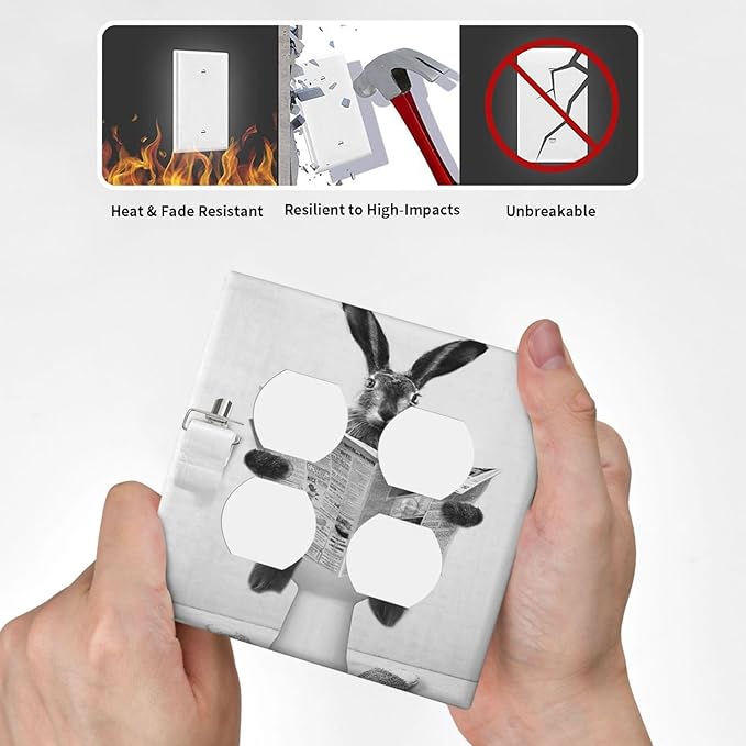 Funny Retro Cute Animals Grey Black Rabbit Outlet Covers 2-Gang Duplex Light Switch Cover Plate Decorative Gfci Wall Plate Electrical Receptacle Switchplate Plug Faceplate for Bathroom Decor