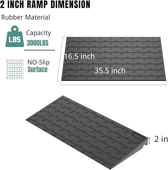 BESEA 2" inch Threshold Ramp Rubber Wheelchair Ramp, No-Slip Surface 3000 Lbs Load Capacity for Home Doorways Driveways Curb