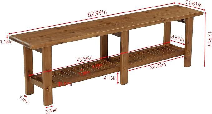 LITTLE TREE Solid Wood Entryway Bench, 63" End of Bed Bench with Shoe Storage Rack, Farmhouse Narrow Seating for Bedroom, Living Room, Entry, Front Door, Entrance, Window, Hallway, Foyer, Rustic Brown