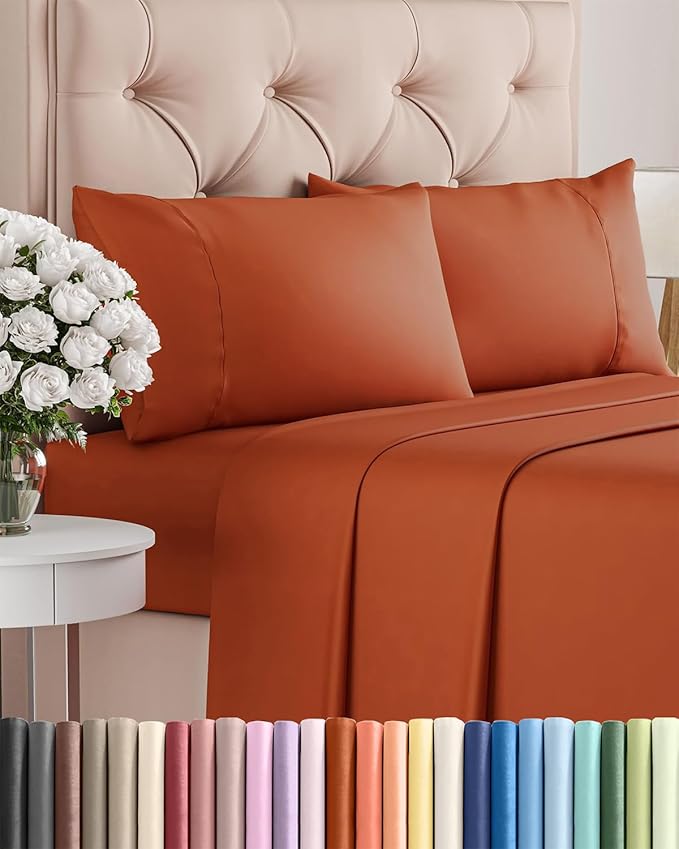 Twin XL 4 Piece Sheet Set - Cooling & Breathable Bed Sheets - Hotel Luxury Bed Sheets for Women, Men, Kids & Teens - Deep Pocket Bedding w/Easy Fit - Soft & Wrinkle Free - Twin XL Terracotta Sheets