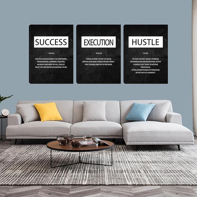 Unbruvo Motivational Canvas Wall Art - 3 Panel Inspirational Wall Decor, Hustle Success Office Decor, Hustle Success Poster for Living Room, Bedroom, Classroom(36x16 inch)