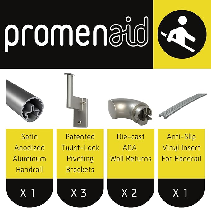 Promenaid 5ft ADA Handrail Kit - Champagne - Complete Indoor/Outdoor Handrail for Stairs - 1.6" Round Anodized Aluminum Railing with 3 Nickel Plated Pivoting Brackets & ADA Wall Returns