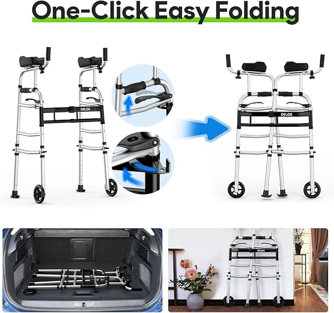 Delog Folding Walker for Senior - Platform Walker with 5’’ Wheels and Removable Padded Armrests 350lbs, Lightweight Walking Mobility Aid, Standard Walker for Elderly (Black)