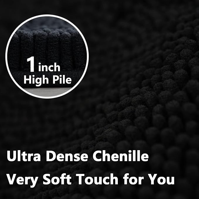 BOANKODU Bathroom Rugs Sets 2 Piece，47X16+16X24Inch，Absorbent Non-Slip Very Soft Chenille Mat,Machine Washable （Black）
