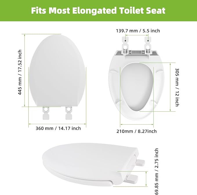 Toilet Seat Elongated with Slow Close Hinges Compatible with TOTO/Kohler/Gerber/American Standard, Universal Oval Fit, Four Bumpers Never Loosen, Two Sets Toilet Bolts and Nuts, Cotton White
