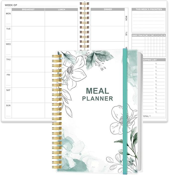 Weekly Meal Planner - A5 Weekly Meal Prep Journal with Shopping and Grocery Lists, 186 Pages Healthy Diet & Weight Loss Tracking, Undated, 52 Weeks, Lasts 1 Year, Blue Flower