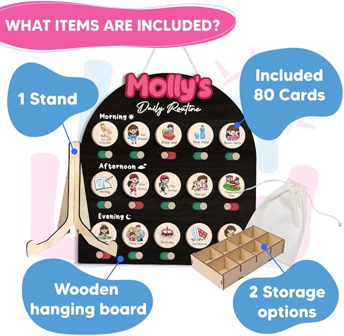 Personalized Wooden Chore Chart for Kids, Daily Routine Chart for Toddlers, Visual Schedule for Kids Age 3-5, Morning Bedtime Routine for Girls (08)