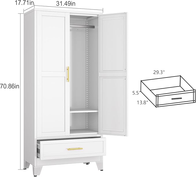 Metal Armoire Wardrobe Closet with Drawers,Storage Cabinet with Hanging Rod,71'' Metal Wardrobe Cabinet with 2 Doors and Adjustable Shelves for Bedroom, Laundry Room, Cloak Room