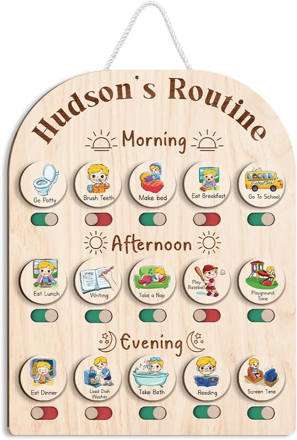 Wooden Chore Chart for Kids Visual Schedule, Routine Chart for Kids, Morning Bedtime Routine Chart for Toddlers Ages 2-4, Daily Kids Schedule Board for Home (04)