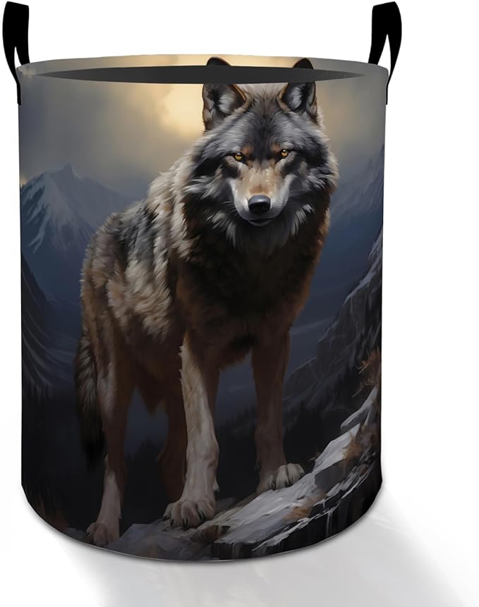 Wild Wolf Laundry Basket Hamper for Boys Girls Kids Adults, Foldable Waterproof Oxford Clothes Storage Bin, Gray Wolf Organizer for Bedroom Bathroom Room Decor 19.7"x15.8"