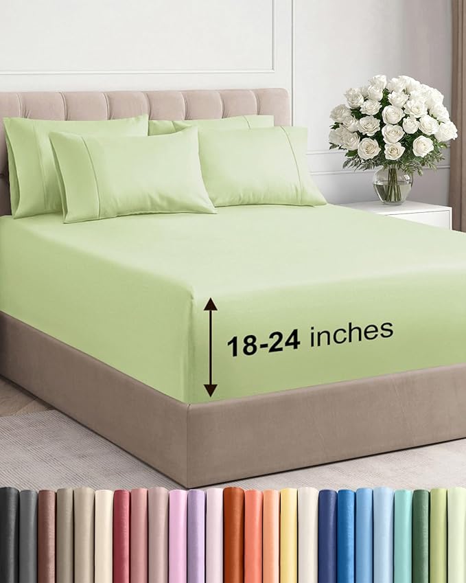Extra Deep Full Sheet Set - 6 Piece Breathable & Cooling Sheets - Hotel Luxury Bed Sheets Set - Easy & Secure Fit - Soft, Wrinkle Free & Comfy Sheets Set - Light Sage Sheet Set with Extra Deep Pockets