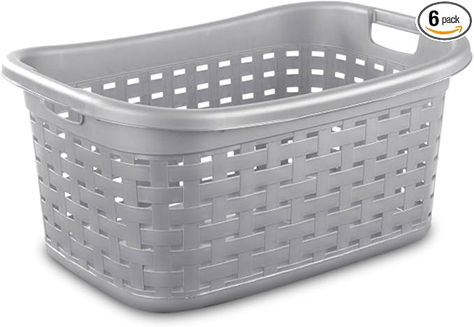 Sterilite 6-Pack Weave Laundry Basket, Rectangle Plastic Clothes Hamper w/ Handles, Gray