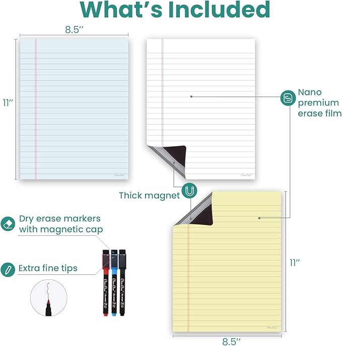 Magnetic Dry Erase Board – 8.5”x11” Reusable Lined Dry Erase Notebook Sheet for Fridge 3 Pcs – 3 Markers Included