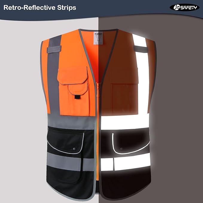 JKSafety 9 Pockets High Visibility Zipper Front Safety Vest With Reflective Strips,Meets ANSI/ISEA Standard (150-Orange-black, 3XL)