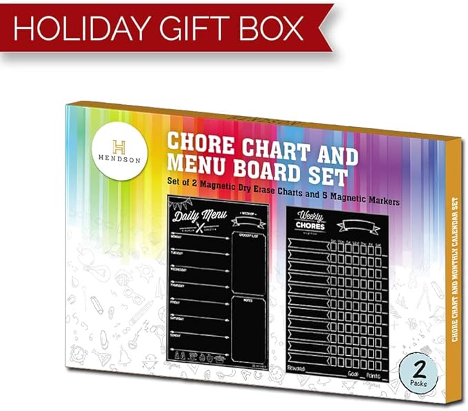 Magnetic Dry Erase Chore Chart and Menu Board Set for Kitchen Fridge - 11" x 17" Responsibility & Behavior Refrigerator Reward Incentive for Kids - 11" x 17" Weekly Meal Planner Blackboard