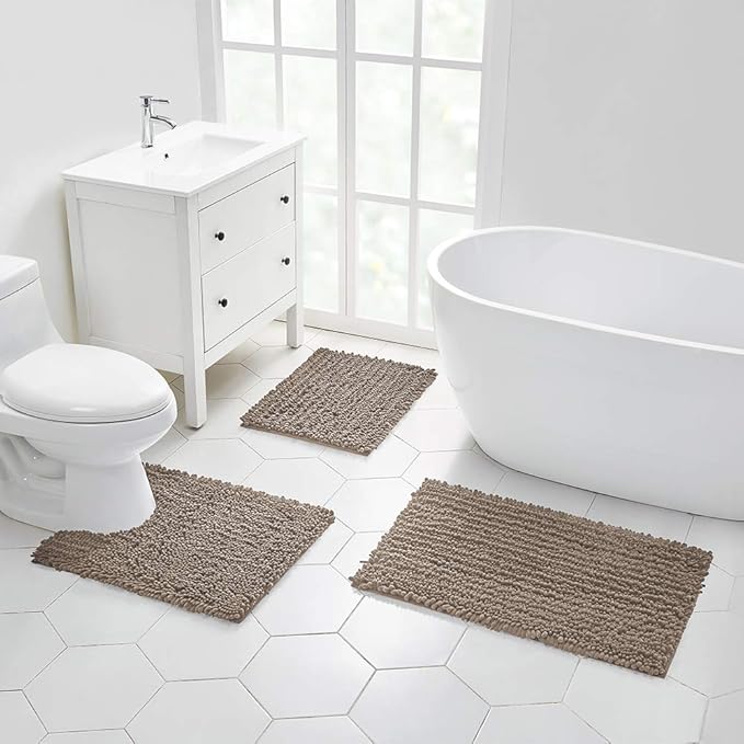 Walensee Bathroom Contour Rug Non Slip Toilet U Shaped Bath Mat (20x24, Taupe) Water Absorbent Super Soft Shaggy Chenille Machine Washable Dry Extra Thick Perfect Absorbant Best Plush Carpet