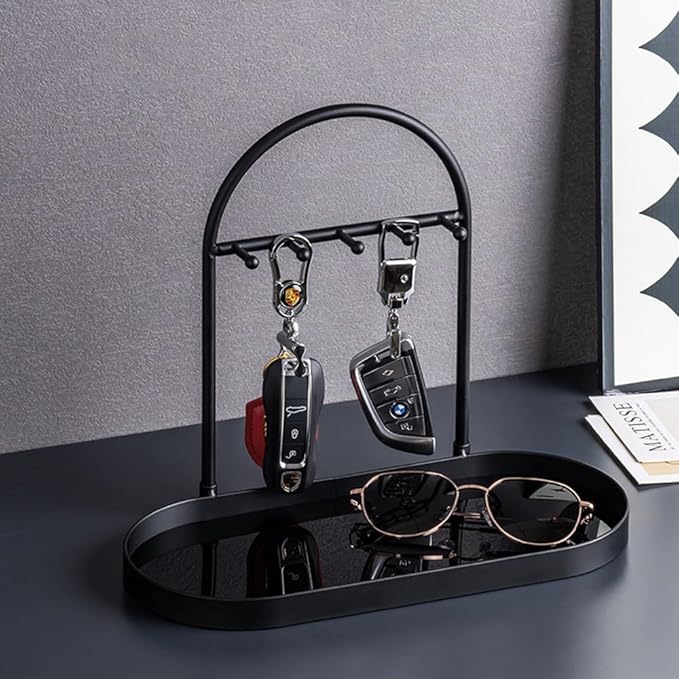 Shinpuru Metal Jewelry Organizer Stand & Key Holder Tray with Acrylic Base, Key Stand and Jewelry Tray with 5 Hooks, Perfect Bowl, Valet, Key Tray, Ring Holder, Jewelry Dish(Matt Black)