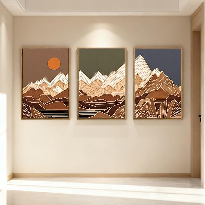 IARTTOP Large Mountain Framed Canvas Wall Art 16x24 Inch Set of 3 Abstract Mountain Woodcut Wall Decor for Living Room Bedroom Office