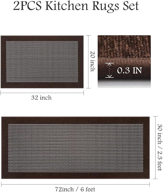 PADOOR Non Slip Kitchen Rugs Sets of 2 - Extra Large 2.5'x6' + 20"x32" Runner Rugs for Kitchen Floor Non Skid Washable, Absorbent Kitchen Mat for in Front of Sink 2 Piece Dark Brown