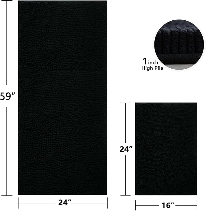 BOANKODU Bathroom RugsSets 2 Piece，59X24+16X24Inch，Absorbent Non-Slip Very Soft Chenille Mat,Machine Washable （Black）