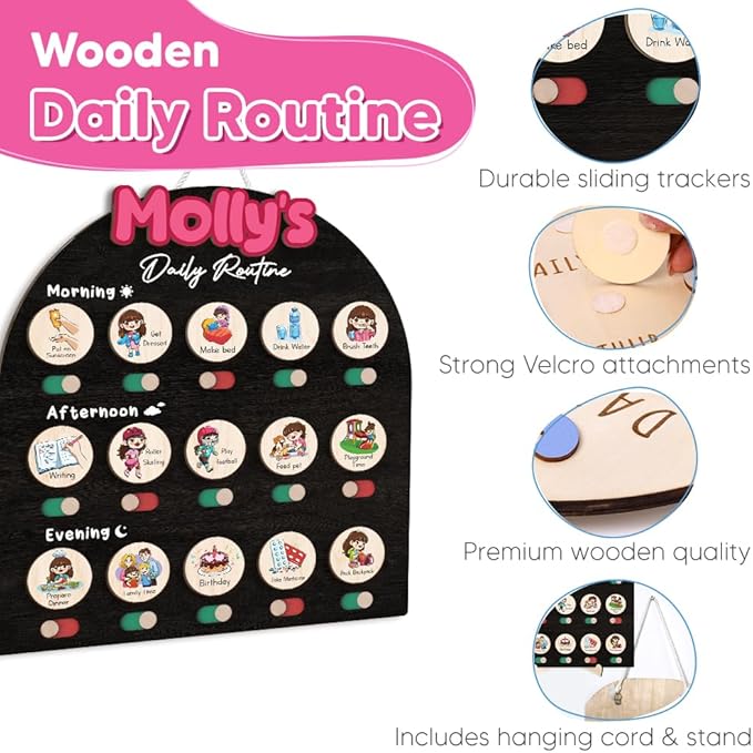 Personalized Wooden Chore Chart for Kids, Daily Routine Chart for Toddlers, Visual Schedule for Kids Age 3-5, Morning Bedtime Routine for Girls (08)