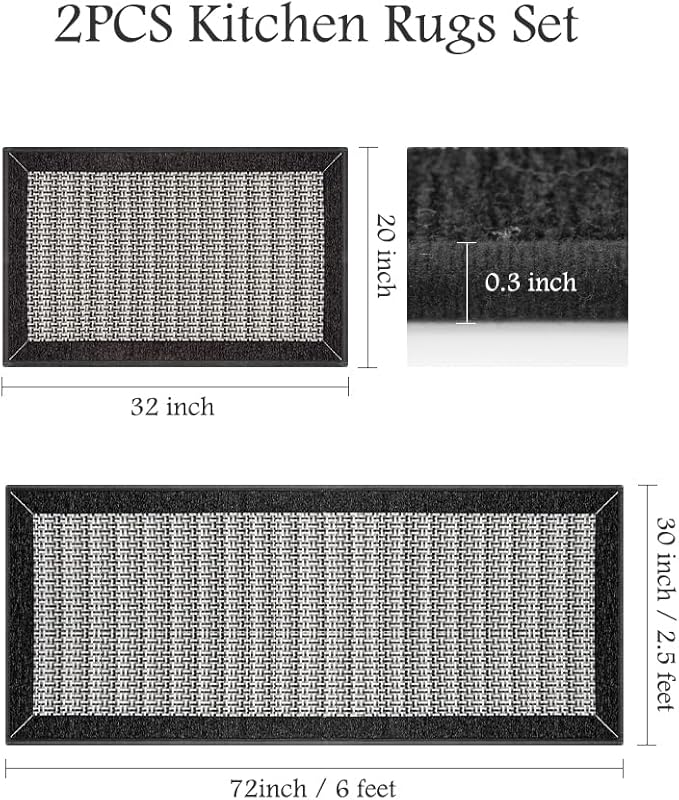 PADOOR Non Slip Kitchen Rugs Sets of 2 - Extra Large 2.5'x6' + 20"x32" Runner Rugs for Kitchen Floor Non Skid Washable, Absorbent Kitchen Mat for in Front of Sink 2 Piece Black