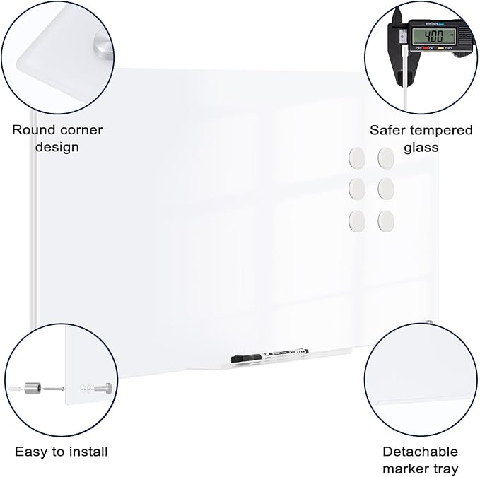 Magnetic Glass Whiteboard, 36" x 24" Glass Dry Erase Board for Wall, Large Frameless White Board with 1 Marker Tray and 3 Magnets for Office, Home, Classroom - Ultra White