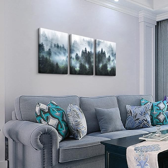 DZRWUBHS Canvas Wall Art - Modern Family Decor For Living Room, Bedroom & Office - Foggy Forest Trees Landscape Wall Painting - 3 Piece Set